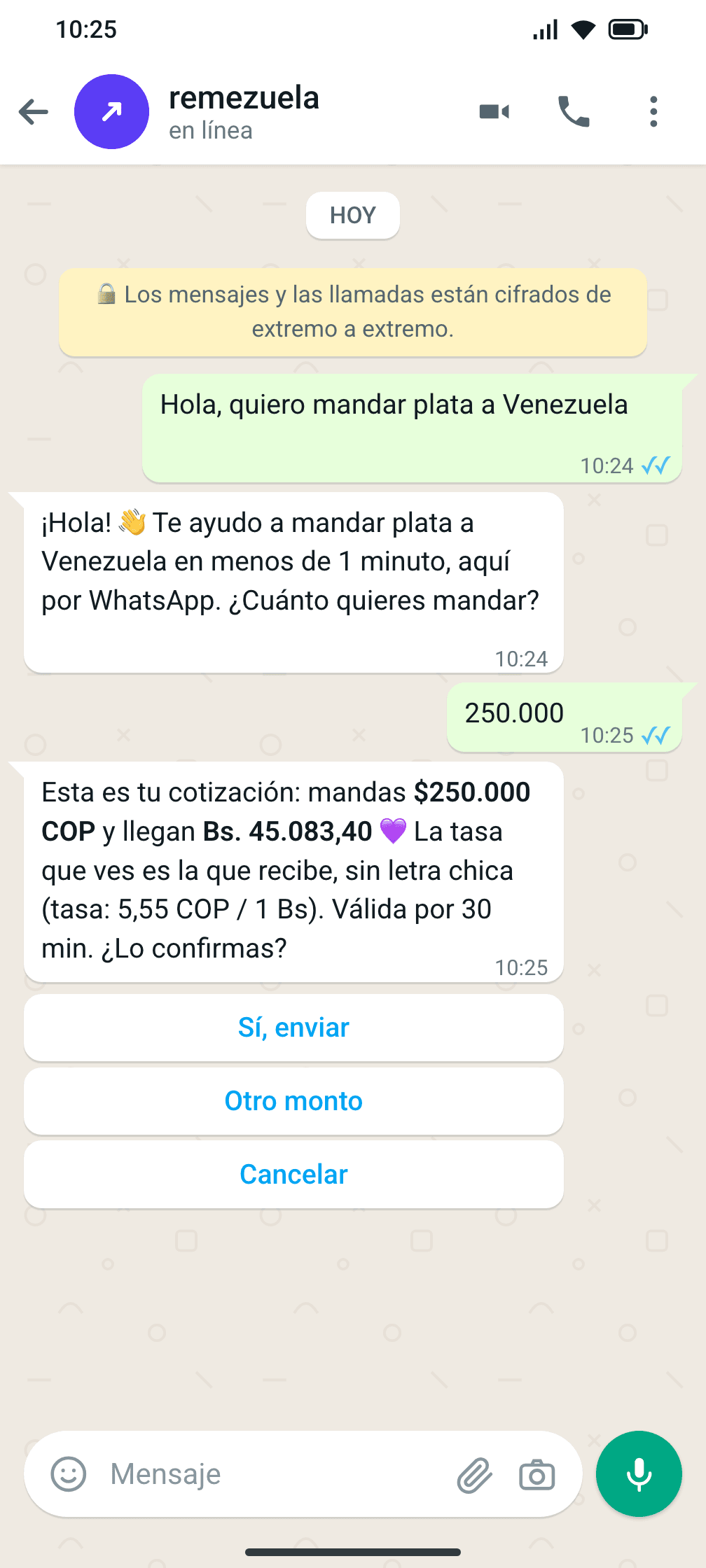 Chat de WhatsApp con la cotización del envío: mandas $250.000 COP y llegan Bs. 45.083,40 (tasa 5,55 COP por 1 Bs), con botones para confirmar. Montos de ejemplo.