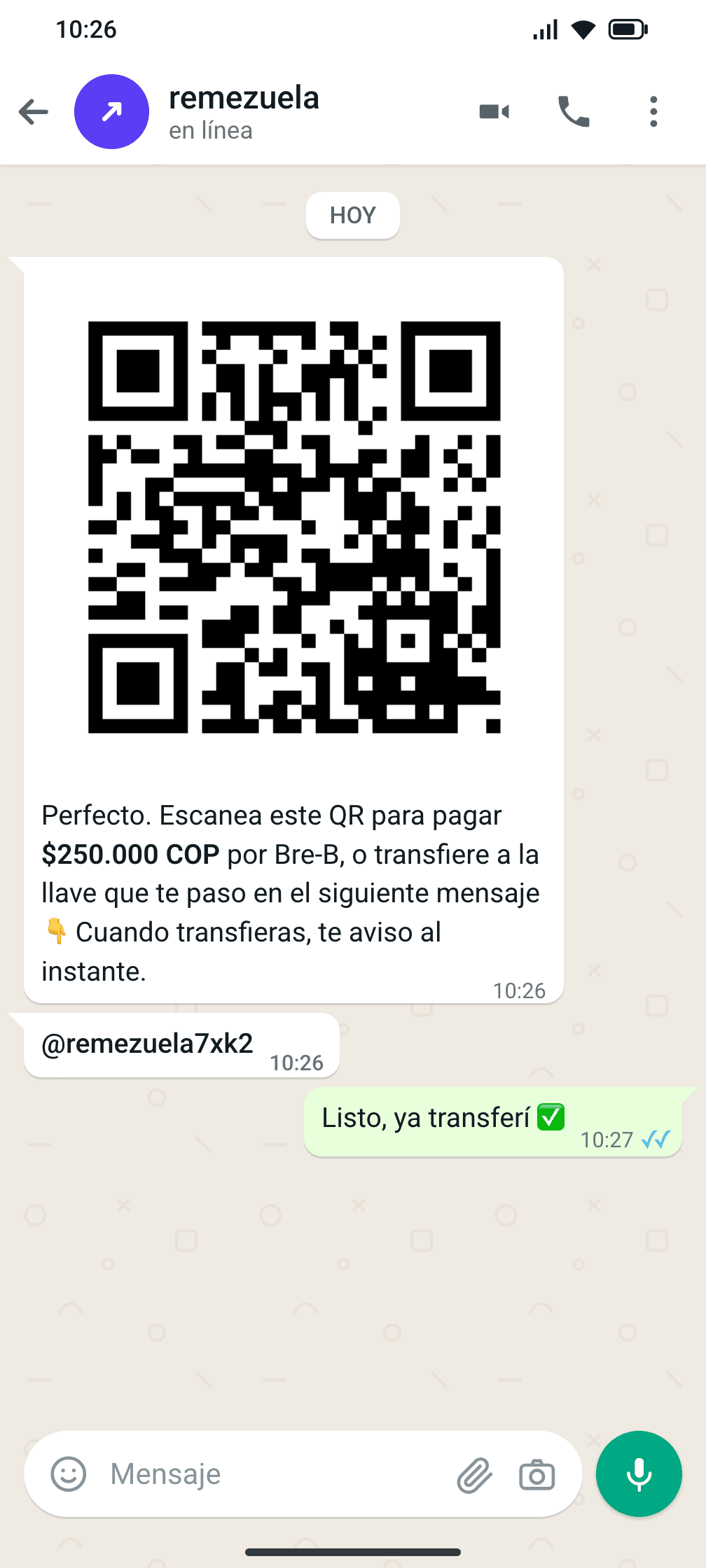 Chat de WhatsApp con el código QR para pagar por Bre-B y la llave del cobro en un mensaje aparte. Llave y QR de ejemplo.