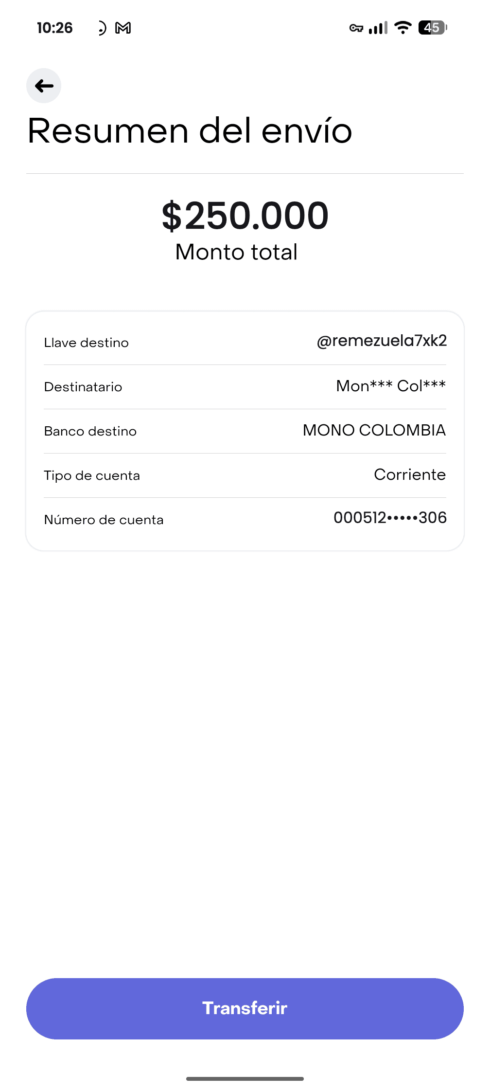 Pantalla de una app bancaria colombiana enviando $250.000 COP por Bre-B a la llave que te damos.