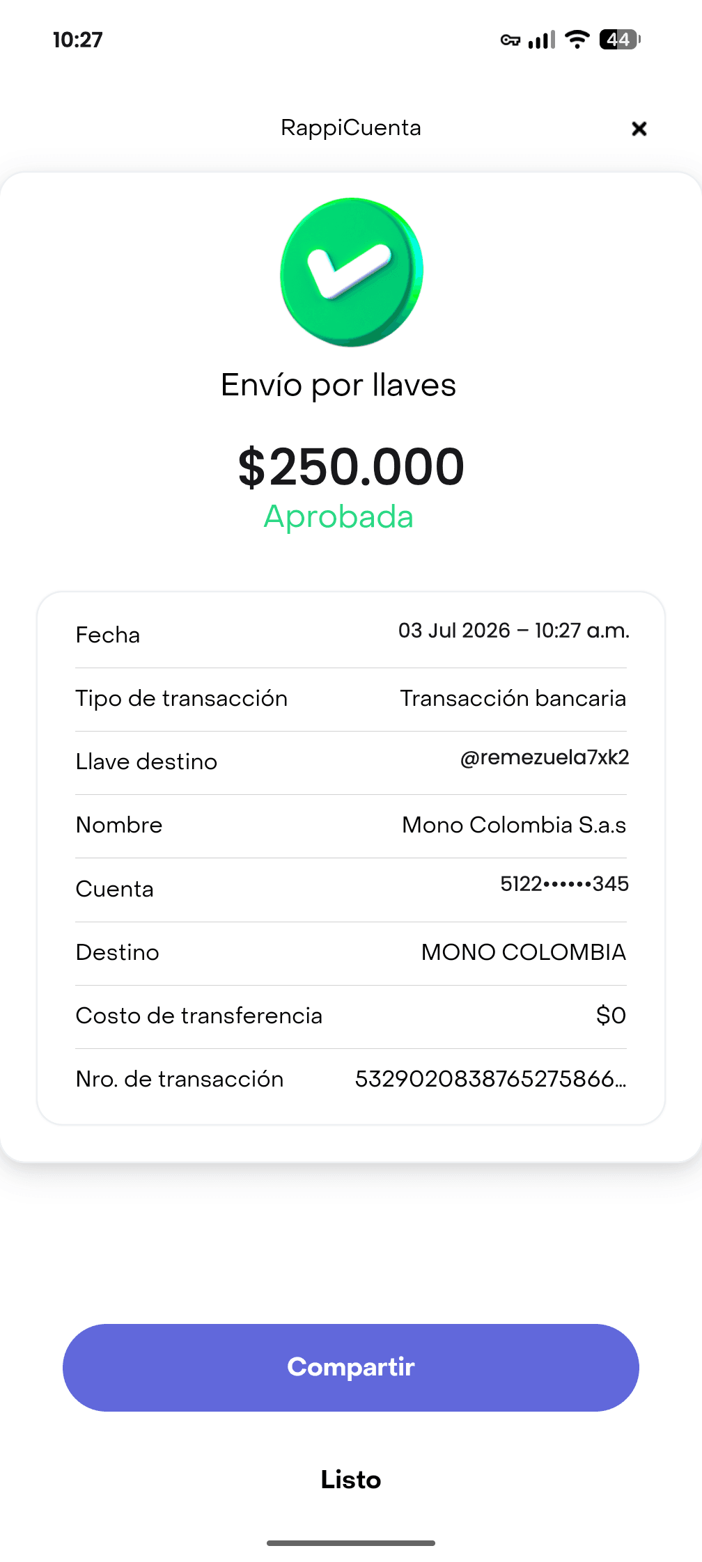 Pantalla del banco confirmando el pago por Bre-B de $250.000 COP realizado con éxito.