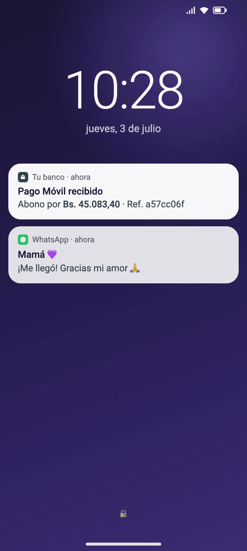 Notificación en el teléfono de quien recibe: abono de Bs. 45.083,40 por Pago Móvil, con un mensaje de agradecimiento de la familia.