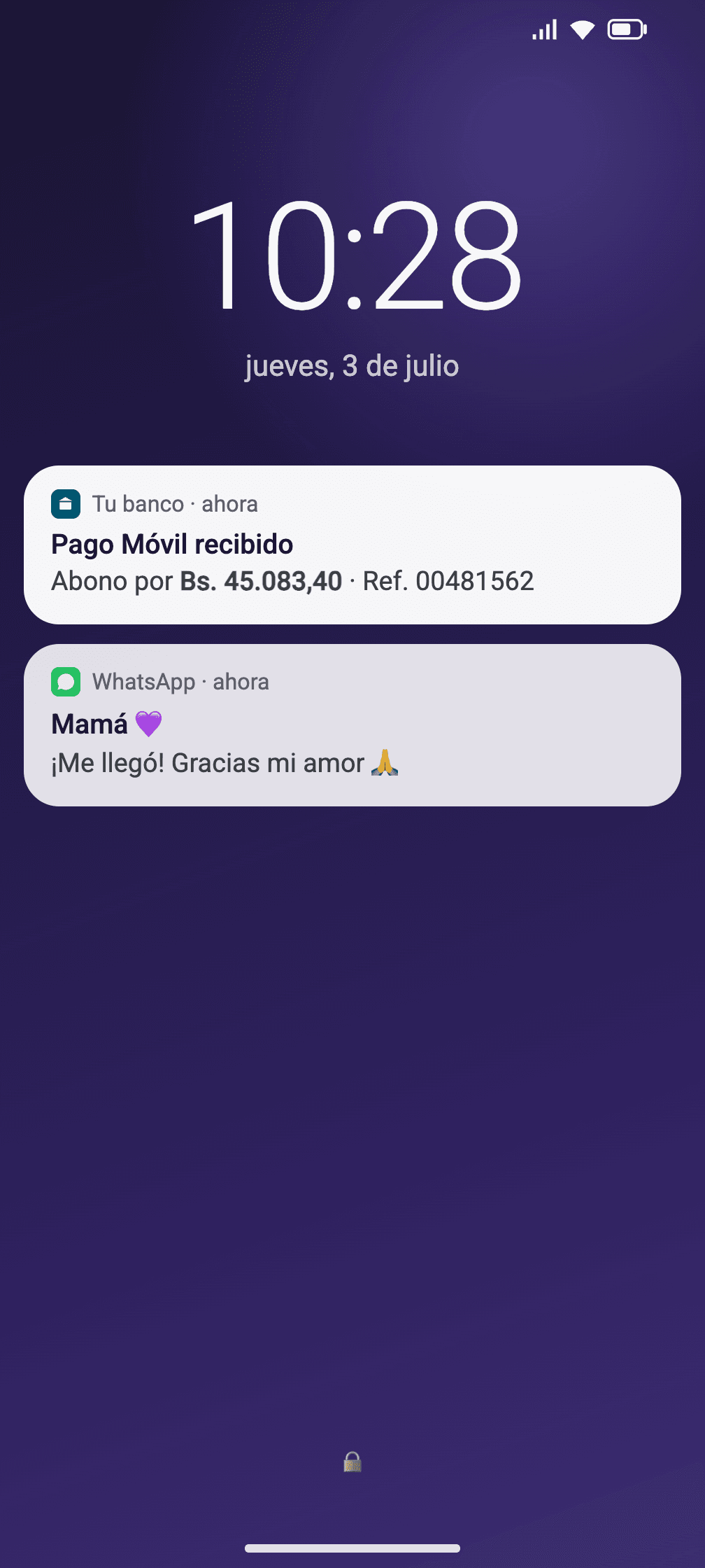 Notificación en el teléfono de quien recibe: abono de Bs. 45.083,40 por Pago Móvil, con un mensaje de agradecimiento de la familia.